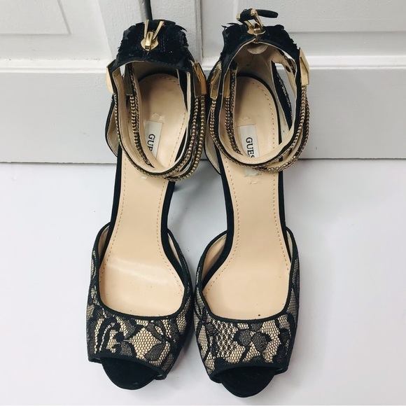 GUESS Black Lace Open Toe Stiletto Heels Size 9 - Picture 3 of 9
